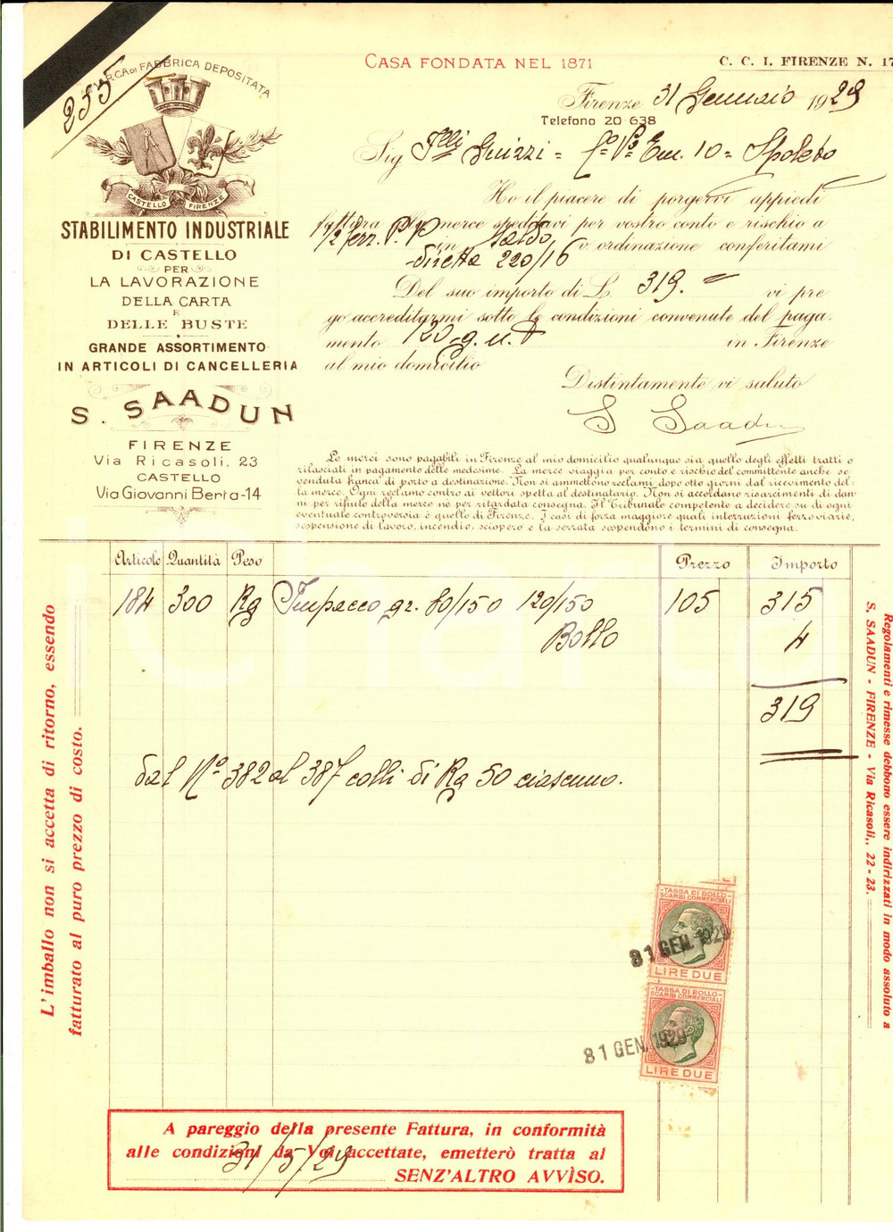 Documento originale, autentico 1929 FIRENZE Stabilimento Industriale CASTELLO cav. SAADUN Fattura intestata 1