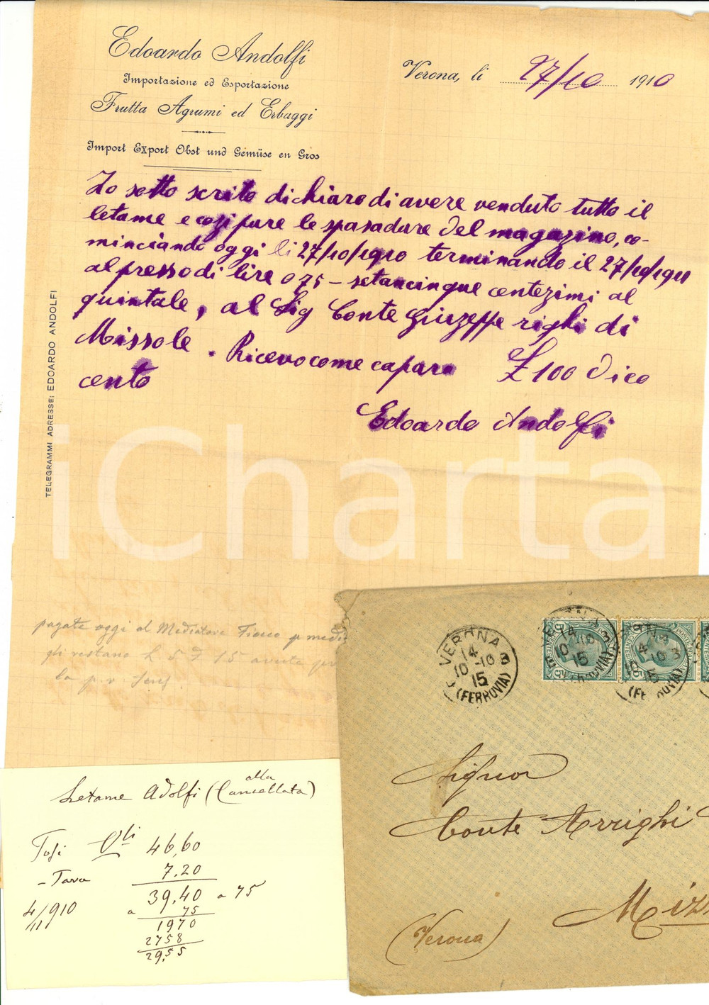 Manoscritto, lettera originale 1910 VERONA Edoardo ANDOLFI vende letame al conte Giuseppe ARRIGHI 1