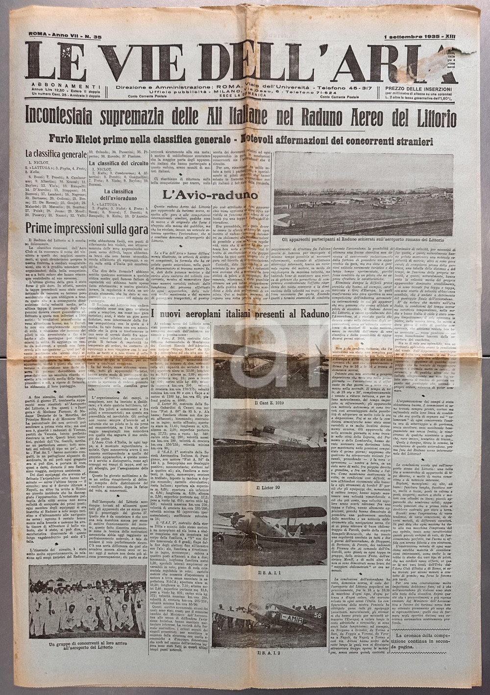 Giornale, rivista storica 1935 LE VIE DELL ARIA Grande successo Raduno Aereo del LITTORIO Giornale 1