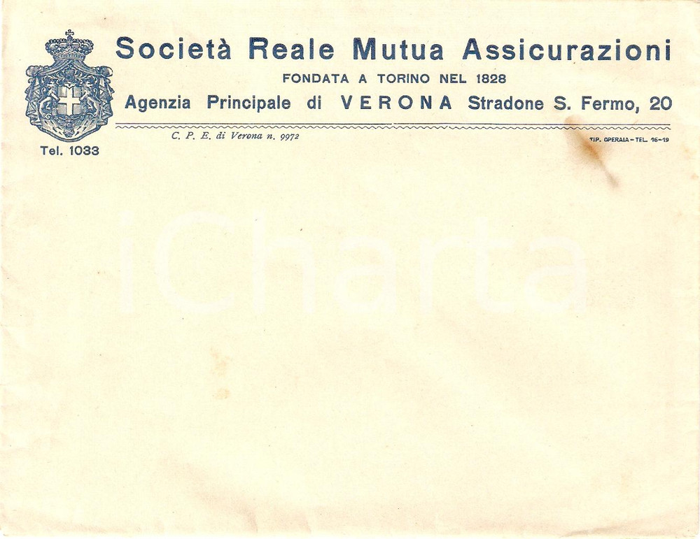 Materiale pubblicitario d’epoca 1950 ca VERONA SocietÃ  REALE MUTUA ASSICURAZIONI Busta intestata VG 1