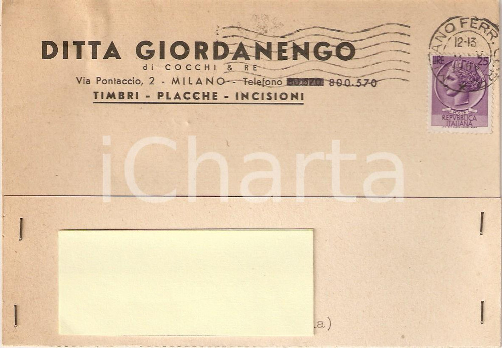 Cartolina originale da collezione 1955 MILANO Ditta GIORDANENGO Timbri Placche Incisioni Cartolina Commerciale 1