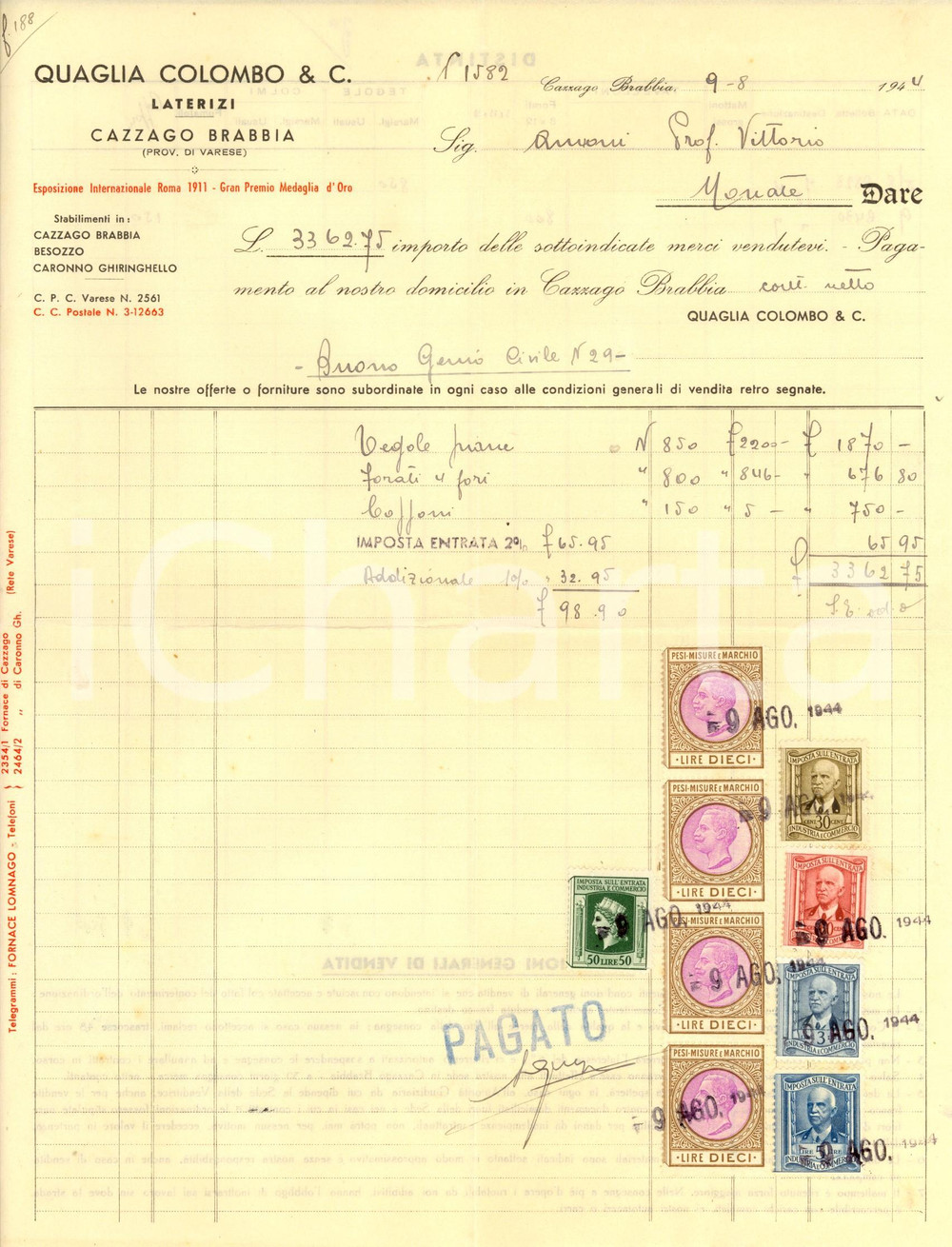 Documento originale, autentico 1944 CAZZAGO BRABBIA VA QUAGLIA COLOMBO & C. Laterizi Fattura intestata 1