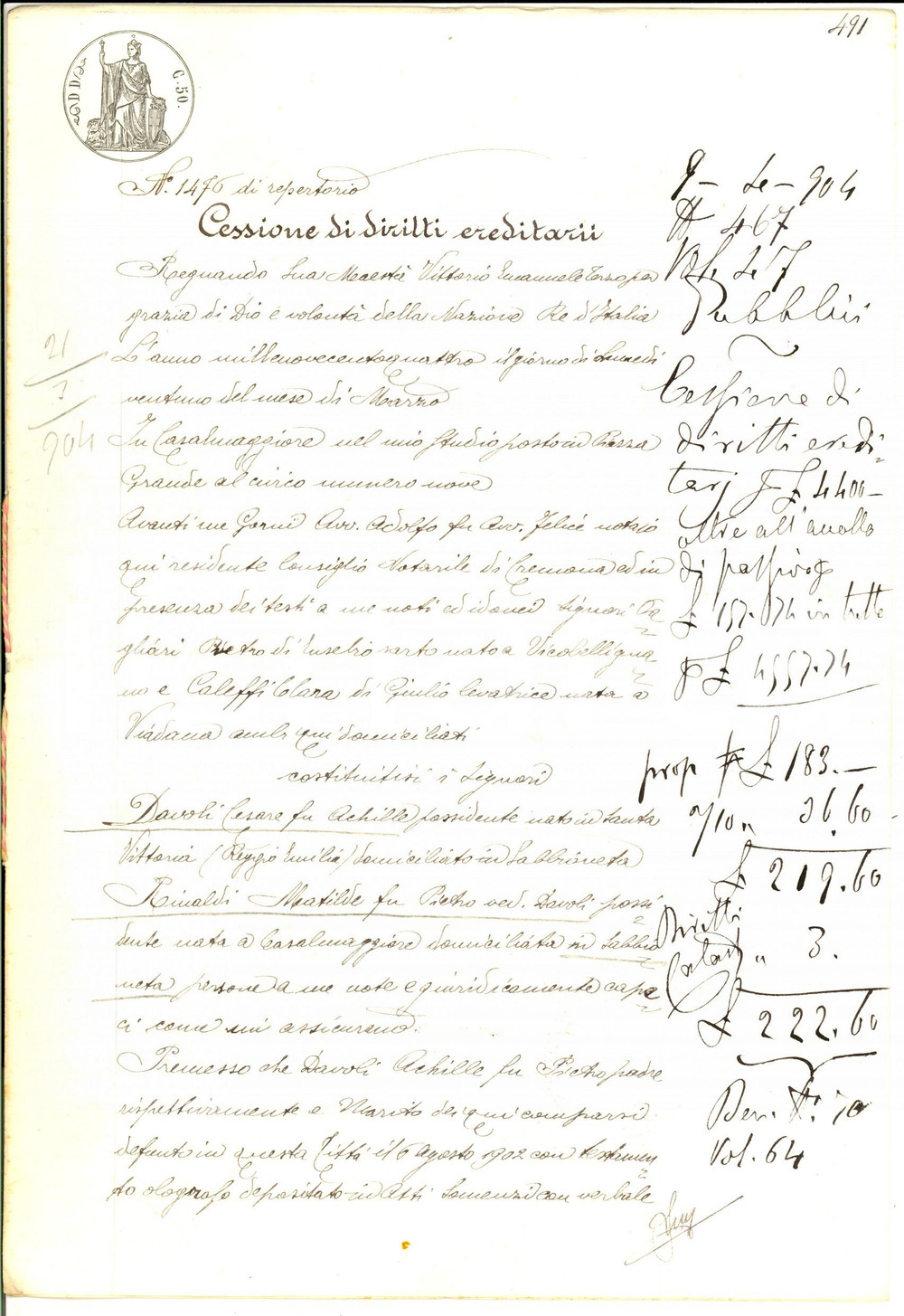 Documento originale, autentico 1904 SABBIONETA Cessione diritti ereditari Cesare DAVOLI su casa CA  DE ROSSI 1