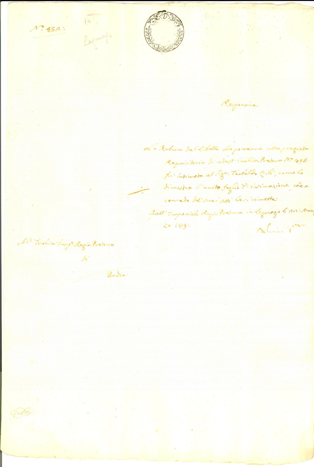 Documento originale, autentico 1819 BADIA POLESINE RO Intimazione giudiziaria a Teobaldo ZILI Manoscritto 1