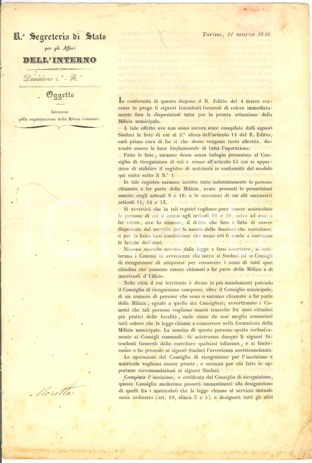 Documento originale, autentico 1848 TORINO Regolamento generale Milizia Comunale 12 pp 1