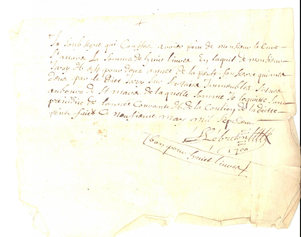 Documento originale, autentico 1700 ST MAUR AUVERGNE, France Quittance LEBRETON Ã  Monsieur JARRY 1