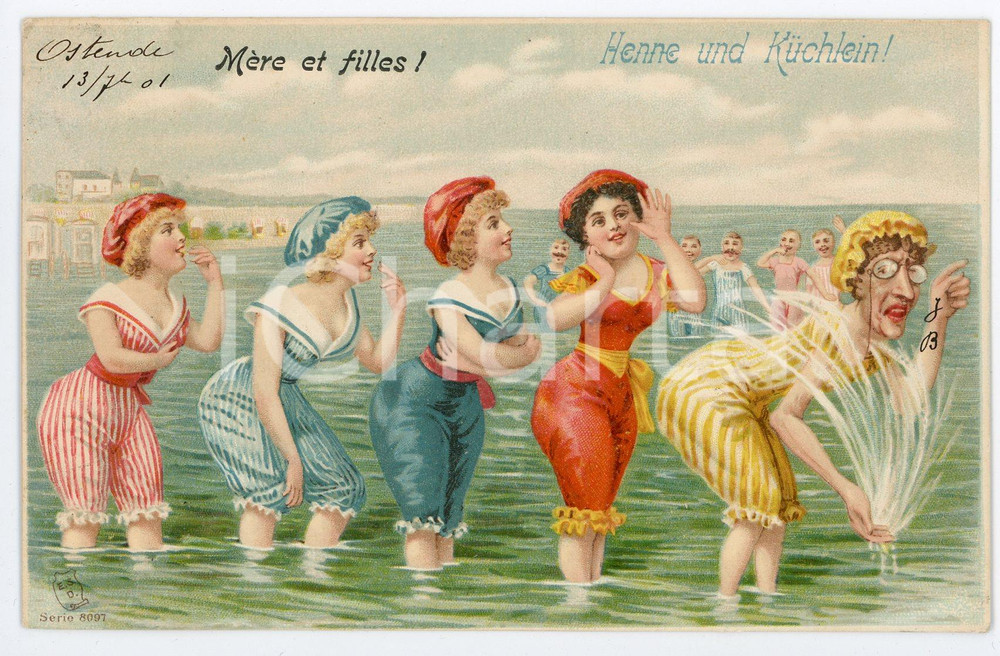 1901 BAIGNEUSES Mère et filles / Henne und Kuchlein - Carte postale SATIRIQUE  Cartolina postale d'epoca,  viaggiata.CONDIZIONI: GFORMATO: FP    originale e autentica 1