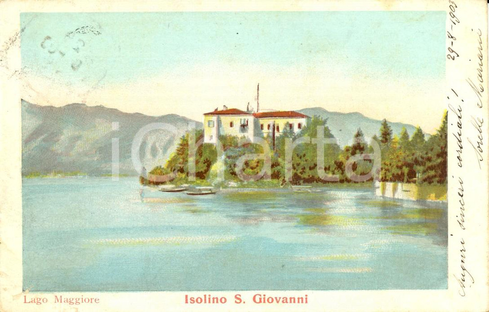 Cartolina originale da collezione 1903 STRESA (VB) Isolino SAN GIOVANNI sul lago MAGGIORE *Cartolina DANNEGGIATA 1