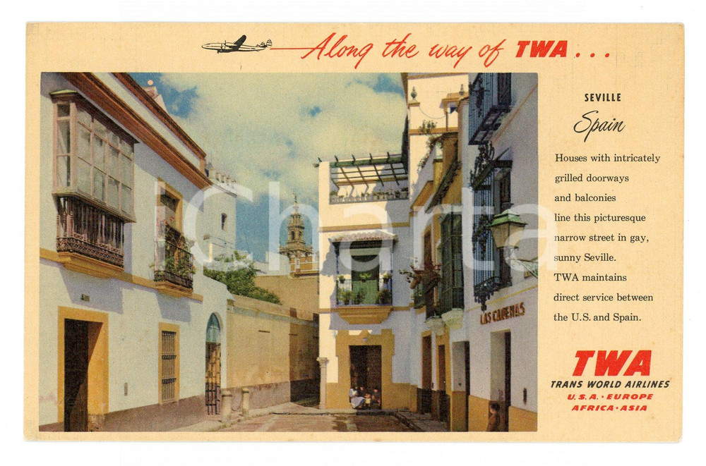 Cartolina originale da collezione 1950 TWA - SEVILLE SPAIN - Pubblicitaria FP NV 1