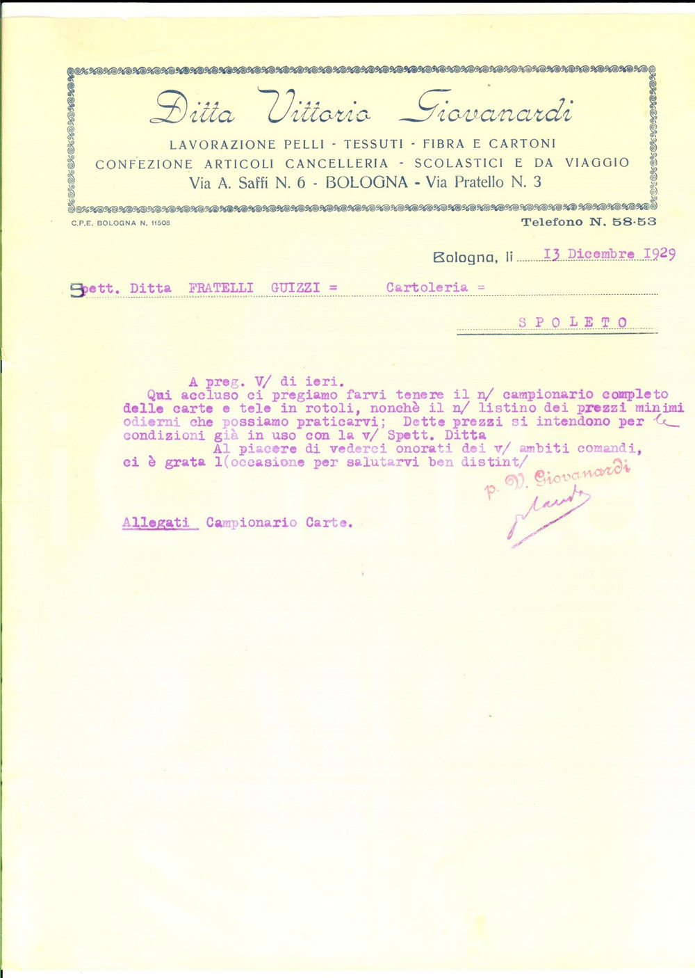 Documento originale, autentico 1929 BOLOGNA Ditta Vittorio GIOVANARDI Fibra e cartoni Lettera commerciale 1