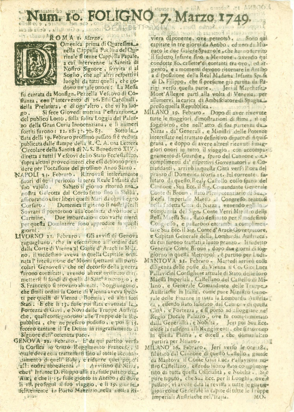 Giornale, rivista storica 1749 GIORNALE DI FOLIGNO n. 10 Reggimento francese parte per la CORSICA 1