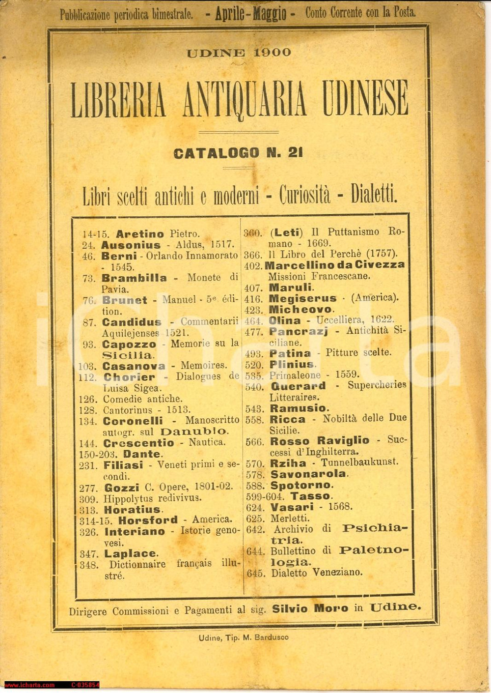 Oggetto da collezione cartaceo 1900 Udine LIBRERIA ANTIQUARIA UDINESE Catalogo libri scelti curiosità dialetti 1