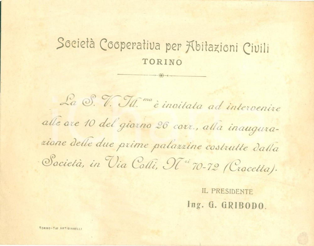 Documento originale, autentico 1900 ca TORINO CROCETTA Nuove palazzine Liberty Giovanni GRIBODO in via COLLI 1