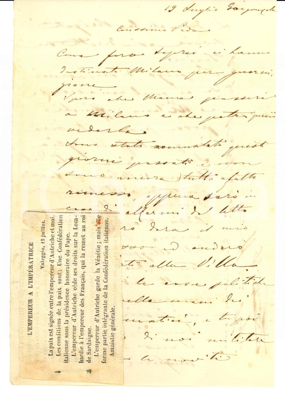 Autografo originale 1859 RISORGIMENTO GORGONZOLA (MI) Britannio ASINARI dopo l'armistizio 1