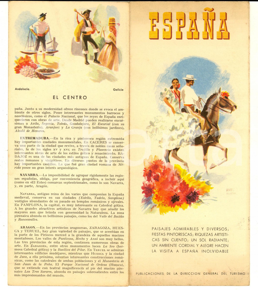 Materiale pubblicitario d’epoca 1955 ca ESPANA Pieghevole illustrato Direccion General del Turismo VINTAGE 1