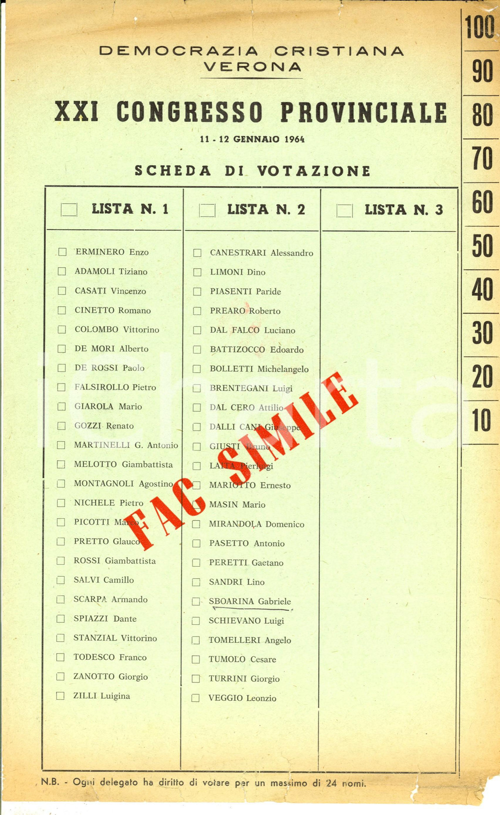 Materiale pubblicitario d’epoca 1964 VERONA XXI Congresso provinciale straordinario DC Facsimile scheda voto 1
