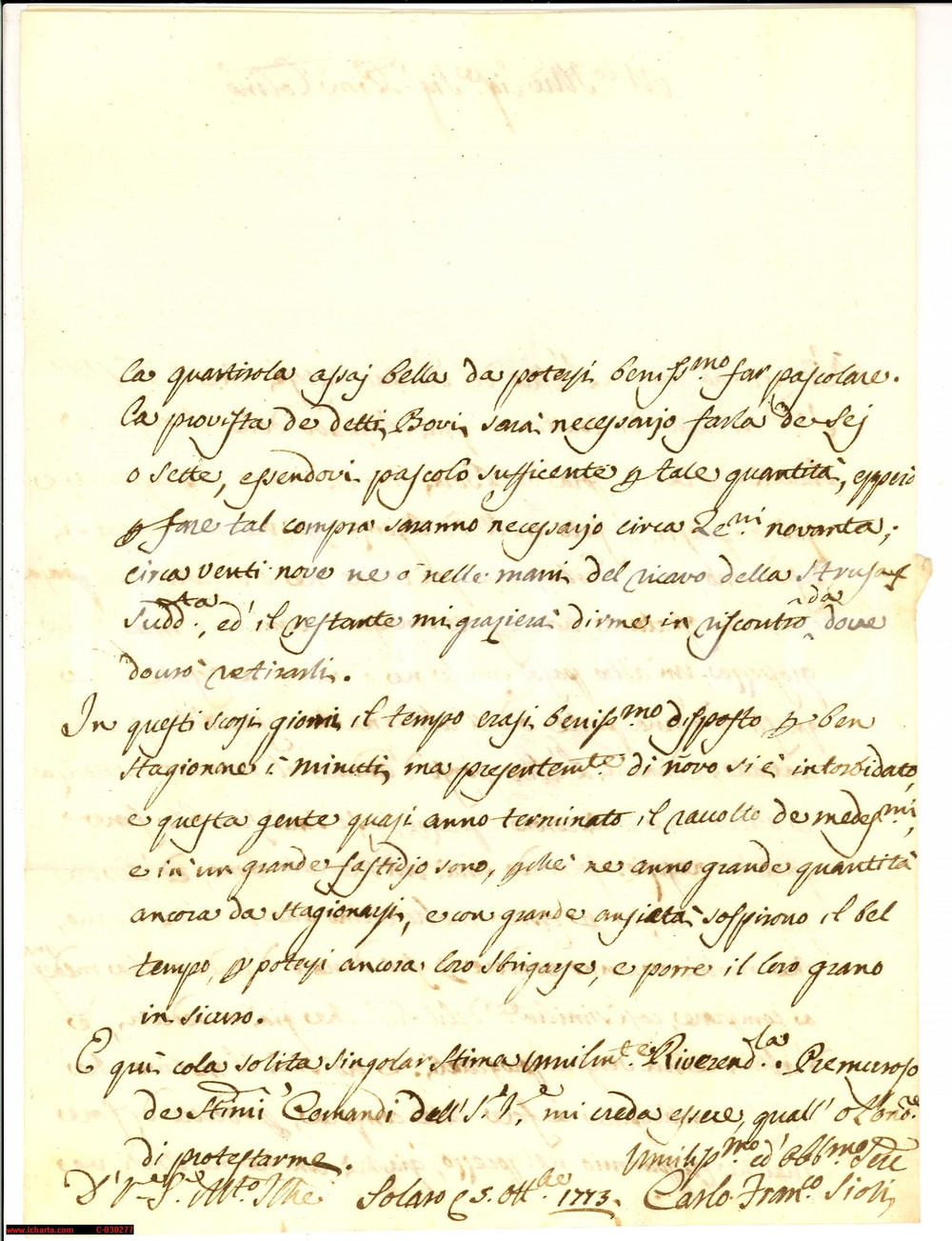 Manoscritto, lettera originale 1773 MONZA Carlo Francesco SIOLI al mercato dei bovi 1
