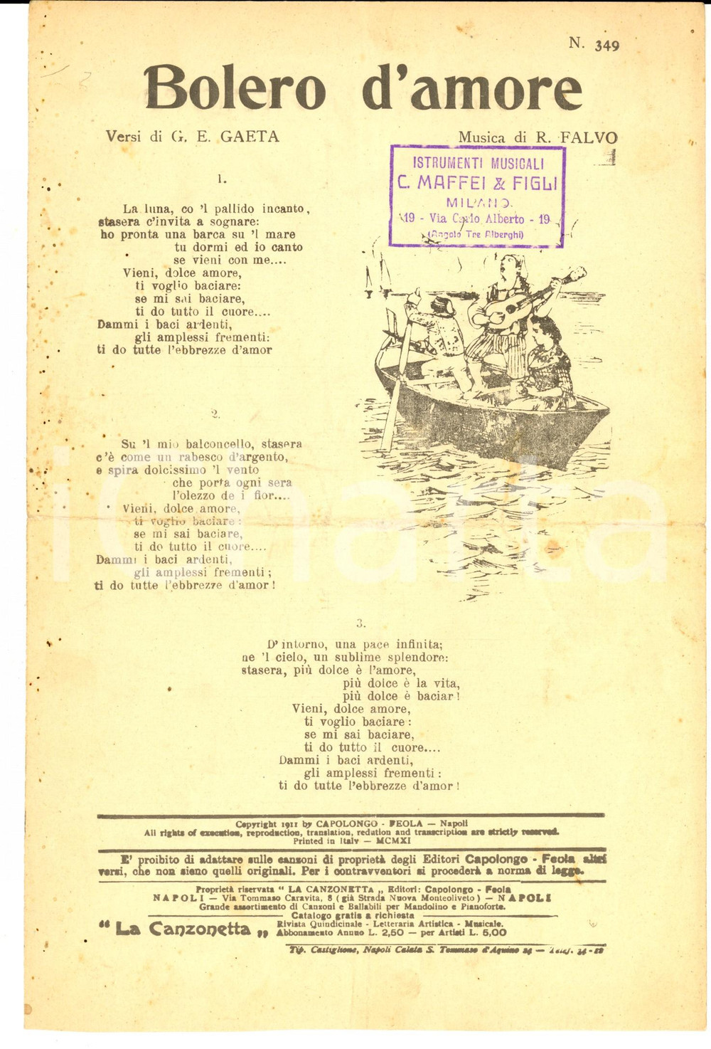 Oggetto da collezione cartaceo 1920 ca GAETA  FALVO Bolero d amore Spartito LA CANZONETTA DANNEGGIATO 1