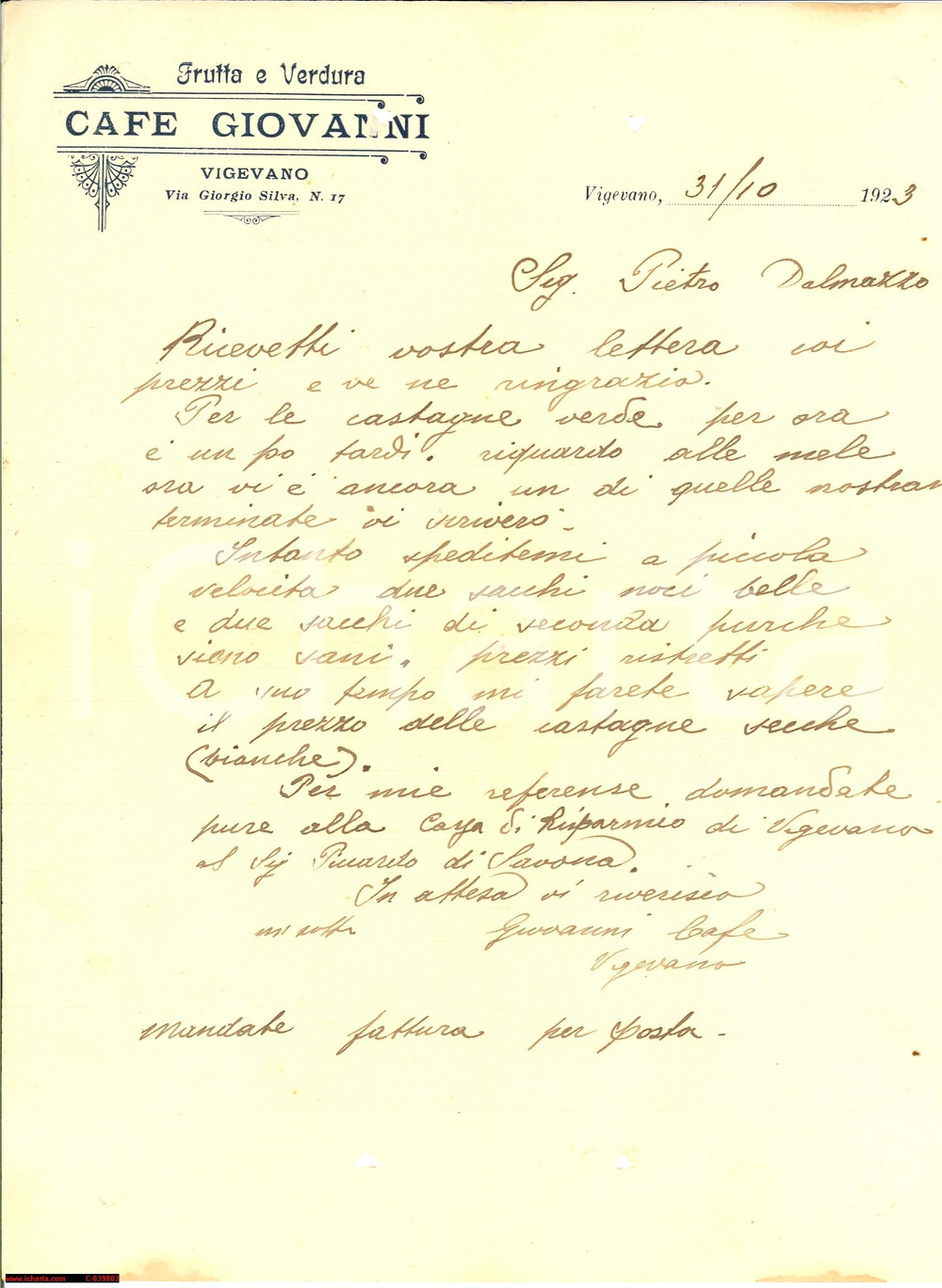 Manoscritto, lettera originale 1923 VIGEVANO (PV) CafÃ© GIOVANNI ordine Pietro DALMAZZO 1