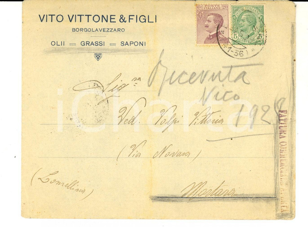 Materiale pubblicitario d’epoca 1928 STORIA POSTALE BORGOLAVEZZARO NO Vito VITTONEOlii saponi Busta intestata 1