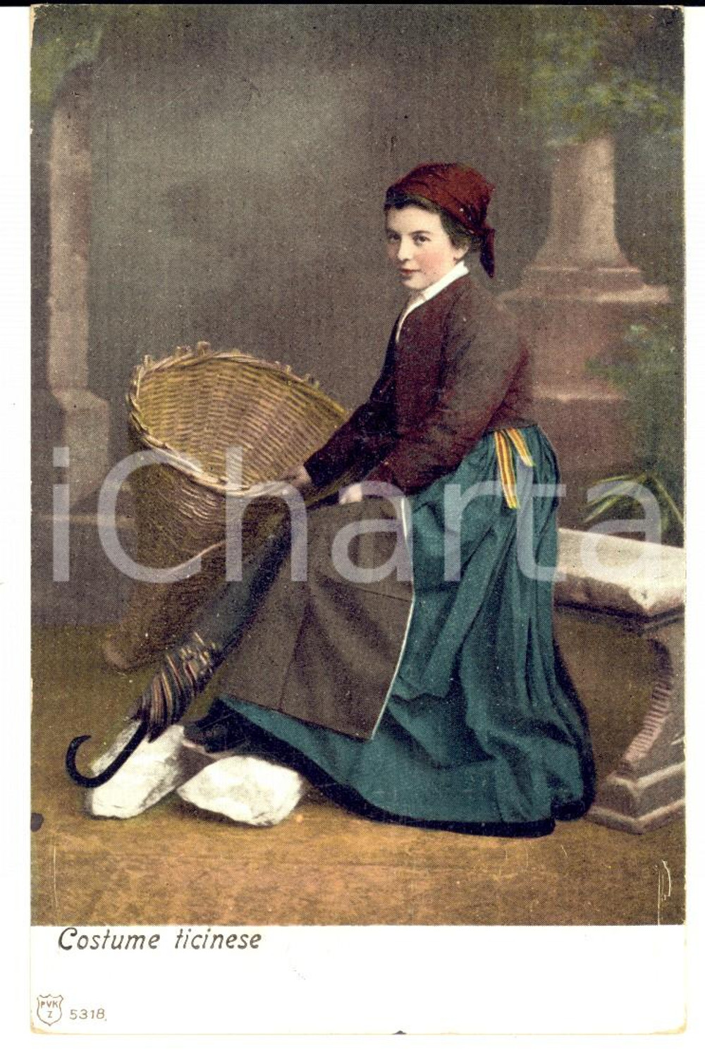 Cartolina originale da collezione 1906 COSTUME TICINESE Contadina con gerla e ombrello *Cartolina FP VG 1