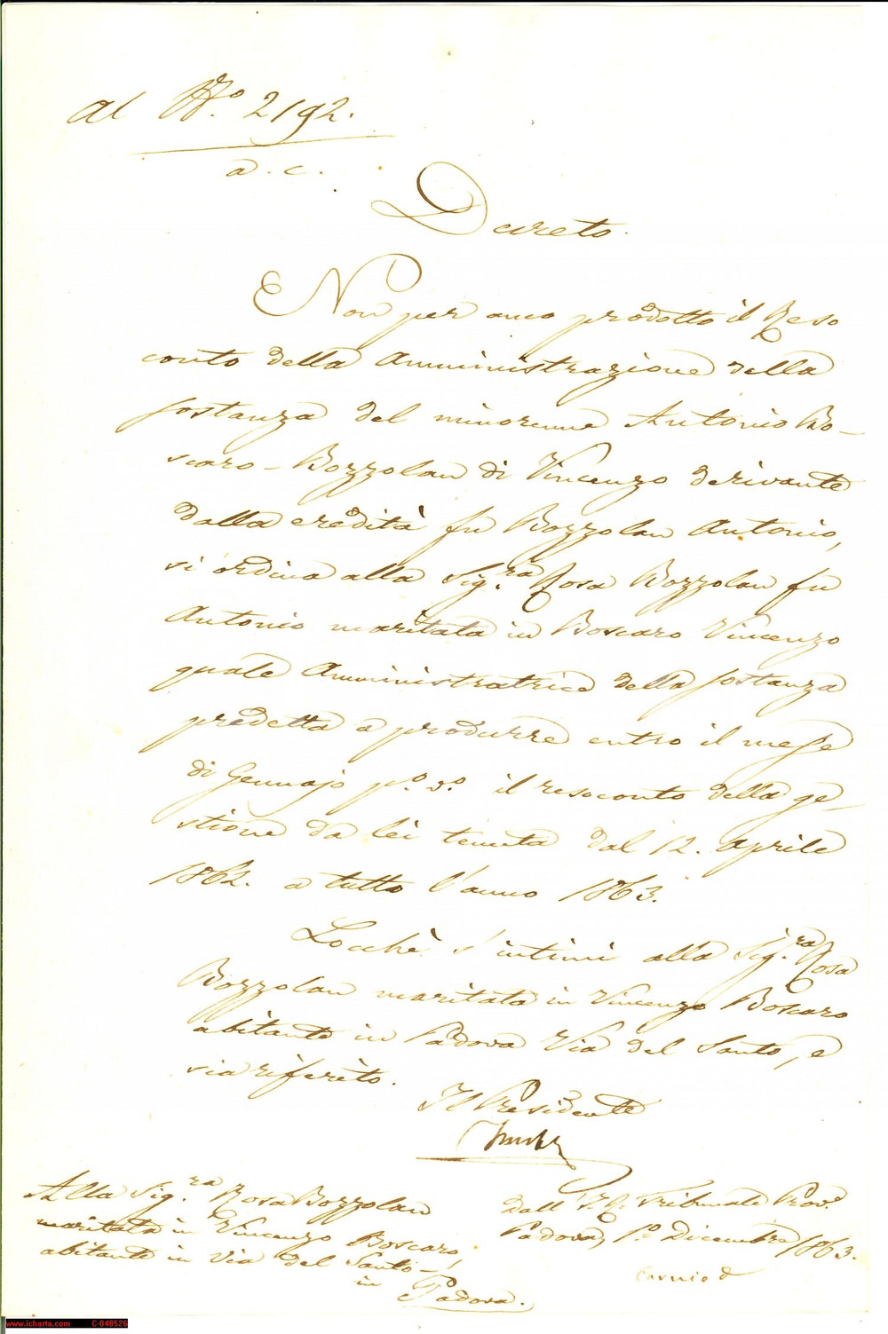Documento originale, autentico 1863 PADOVA Rosa BOZZOLAN tutrice figlio minorenne 1
