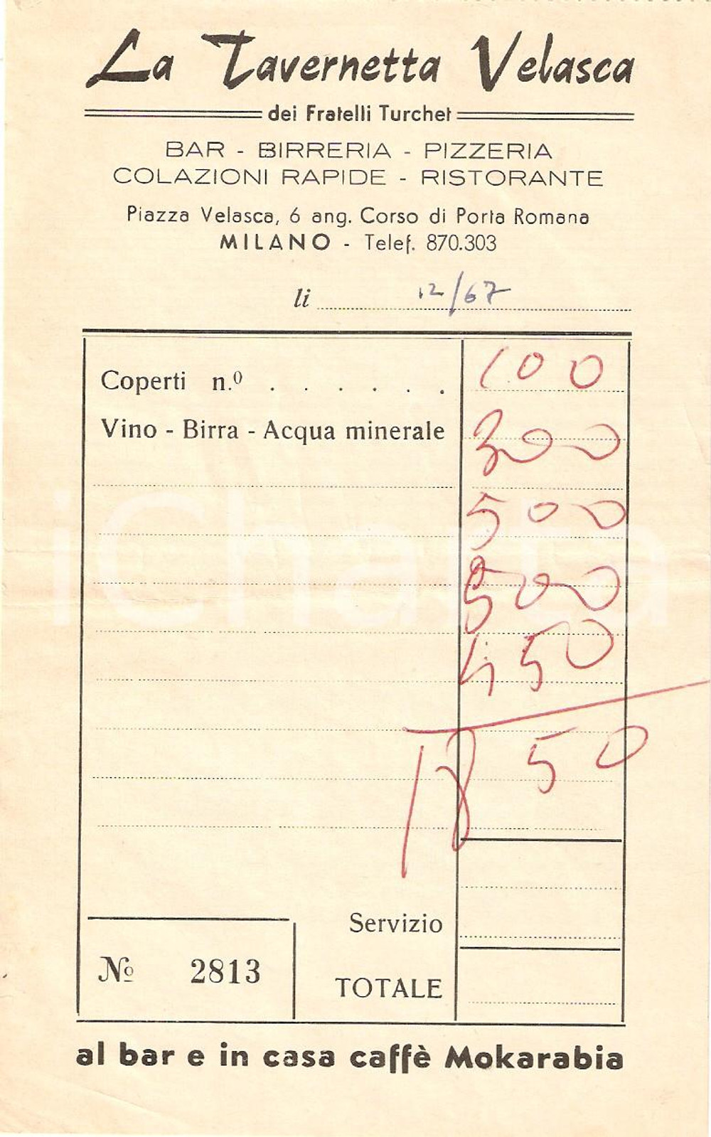 Materiale pubblicitario d’epoca 1967 MILANO Ristorante Tarvernetta VELASCA Fratelli TURCHET Mokarabia *Ricevuta 1