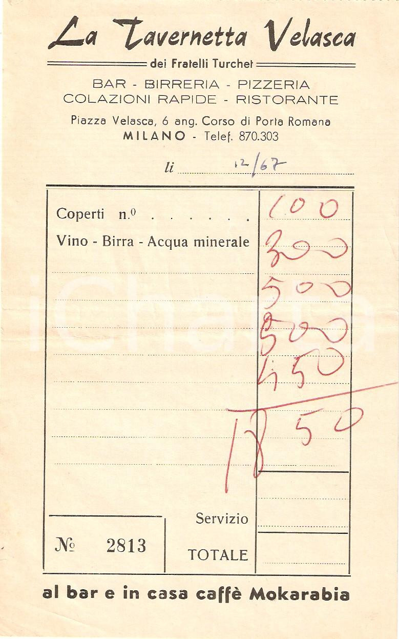 Materiale pubblicitario d’epoca 1967 MILANO Ristorante Tarvernetta VELASCA Fratelli TURCHET Mokarabia Ricevuta 1