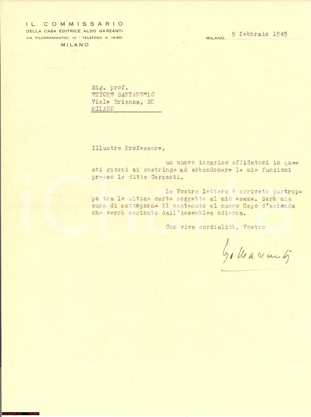 Manoscritto, lettera originale 1945 RSI Milano Editrice Garzanti commissariata 1