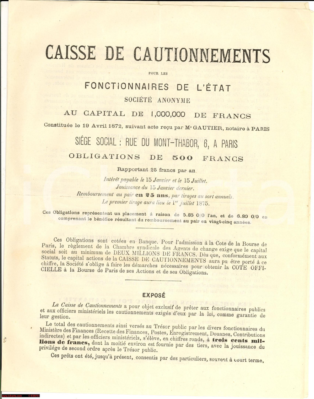 Documento originale, autentico 1875 PARIS Caisse de Cautionnement Fonctionnaires Etat 1