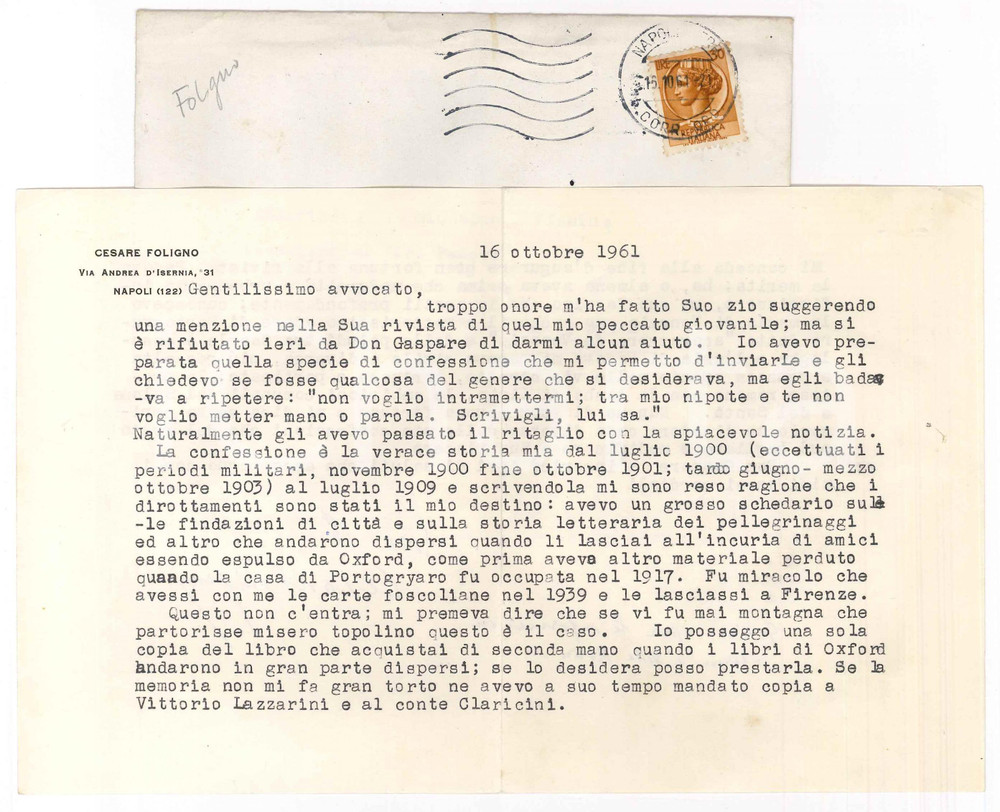 Autografo originale 1961 NAPOLI Cesare FOLIGNO scrive la propria storia giovanile AUTOGRAFO 1