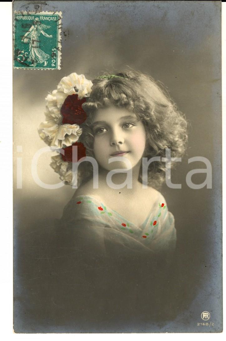 Cartolina originale da collezione 1917 Bambina con acconciatura floreale Cartolina VINTAGE ritocchi a mano FP 1
