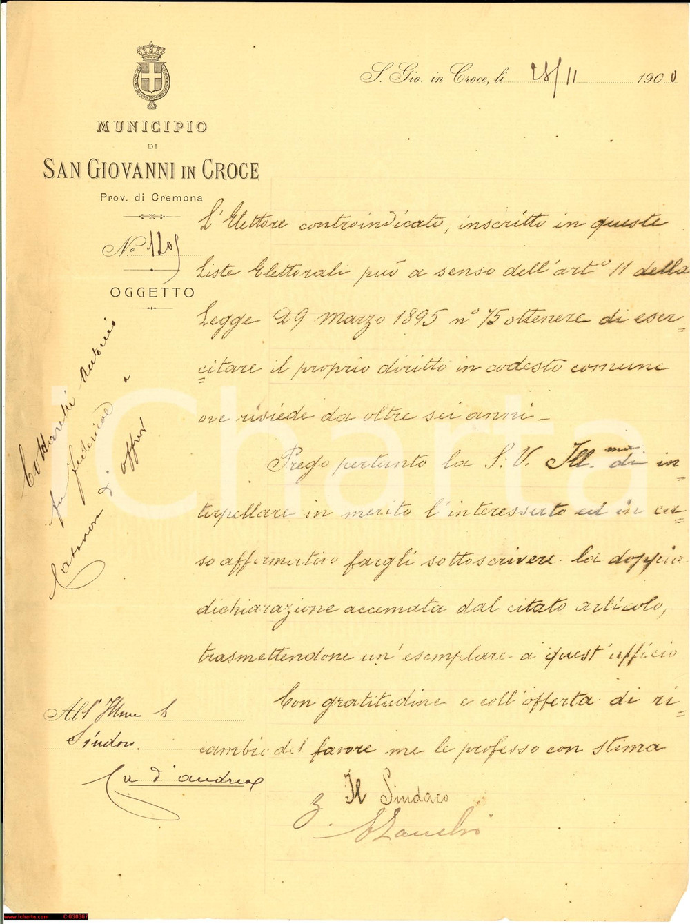 Documento originale, autentico 1900 SAN GIOVANNI IN CROCE (CR) Antonio COTTARELLI atto 1
