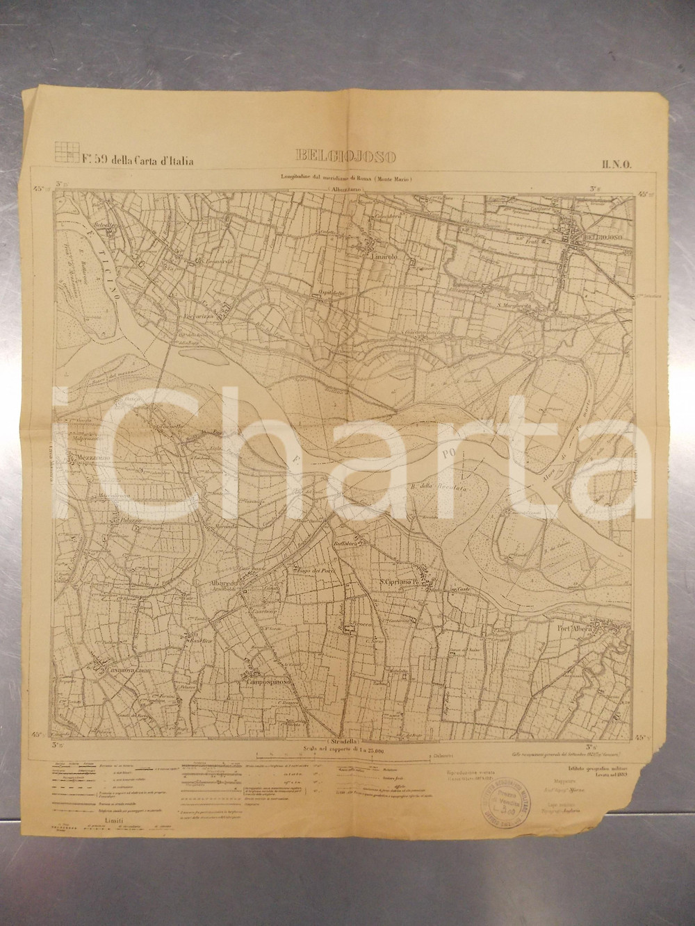 Mappa, planimetria storica 1900 ca ISTITUTO GEOGRAFICO MILITARE Cartina di BELGIOIOSO DANNEGGIATA 1