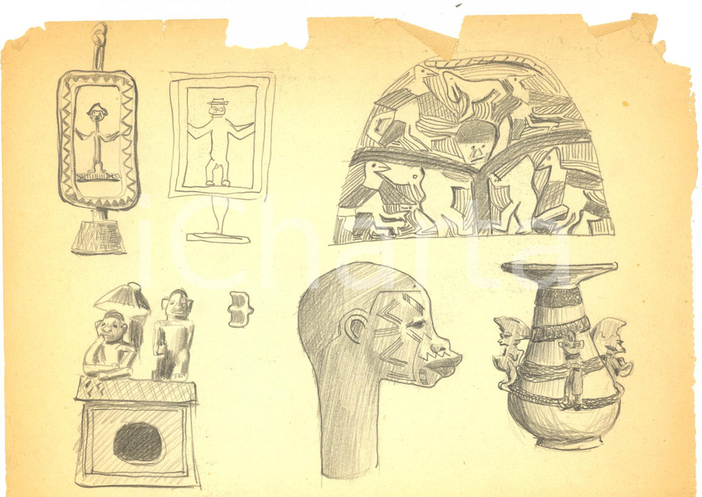 Stampa, bozzetto originale 1980 ca ARTE AFRICANA Oggettistica tribale Bozzetto a matita 29x20 cm 1