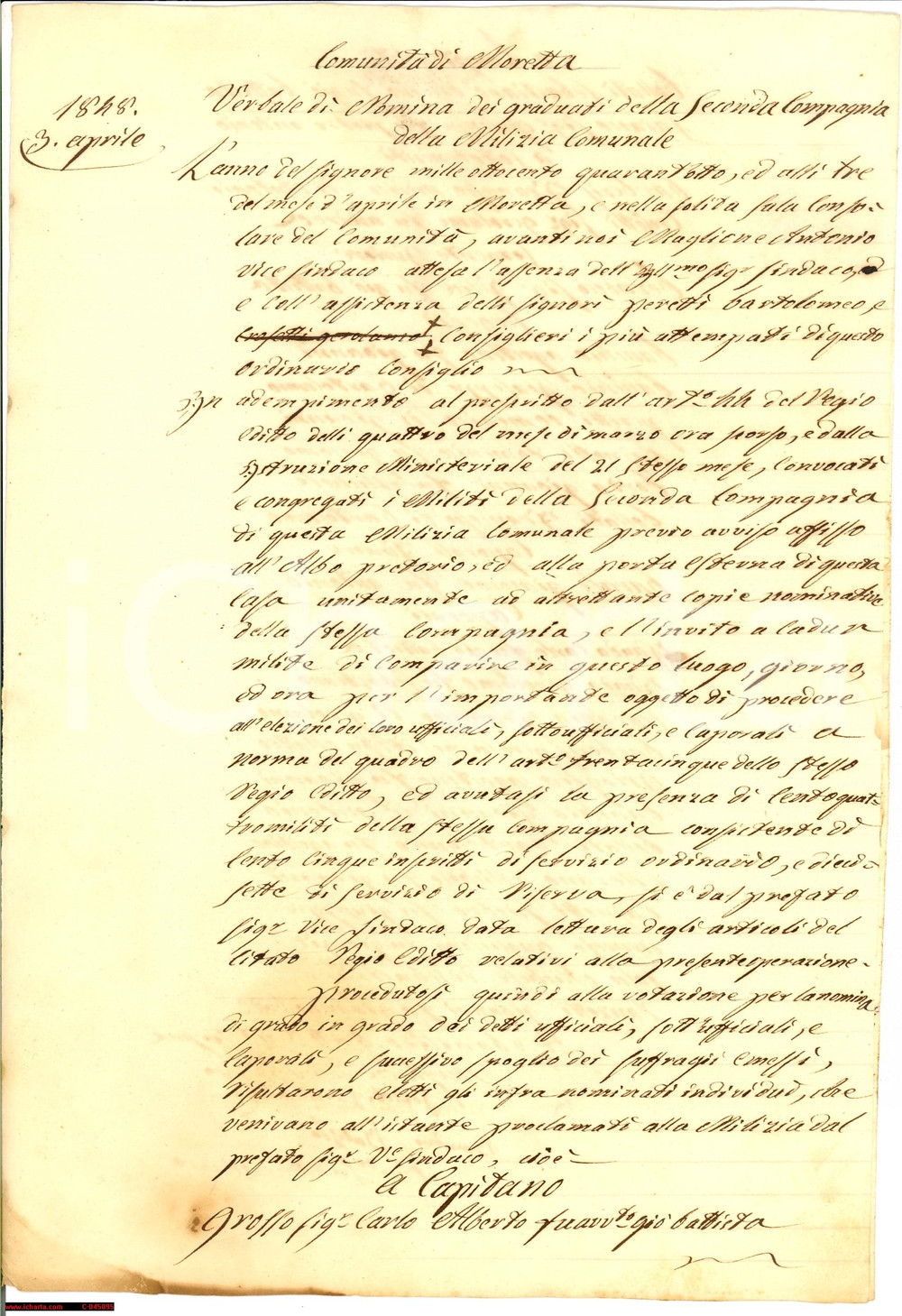 Documento originale, autentico Moti del 1848 MORETTA (CN) Nomina Milizia Comunale RARO 1