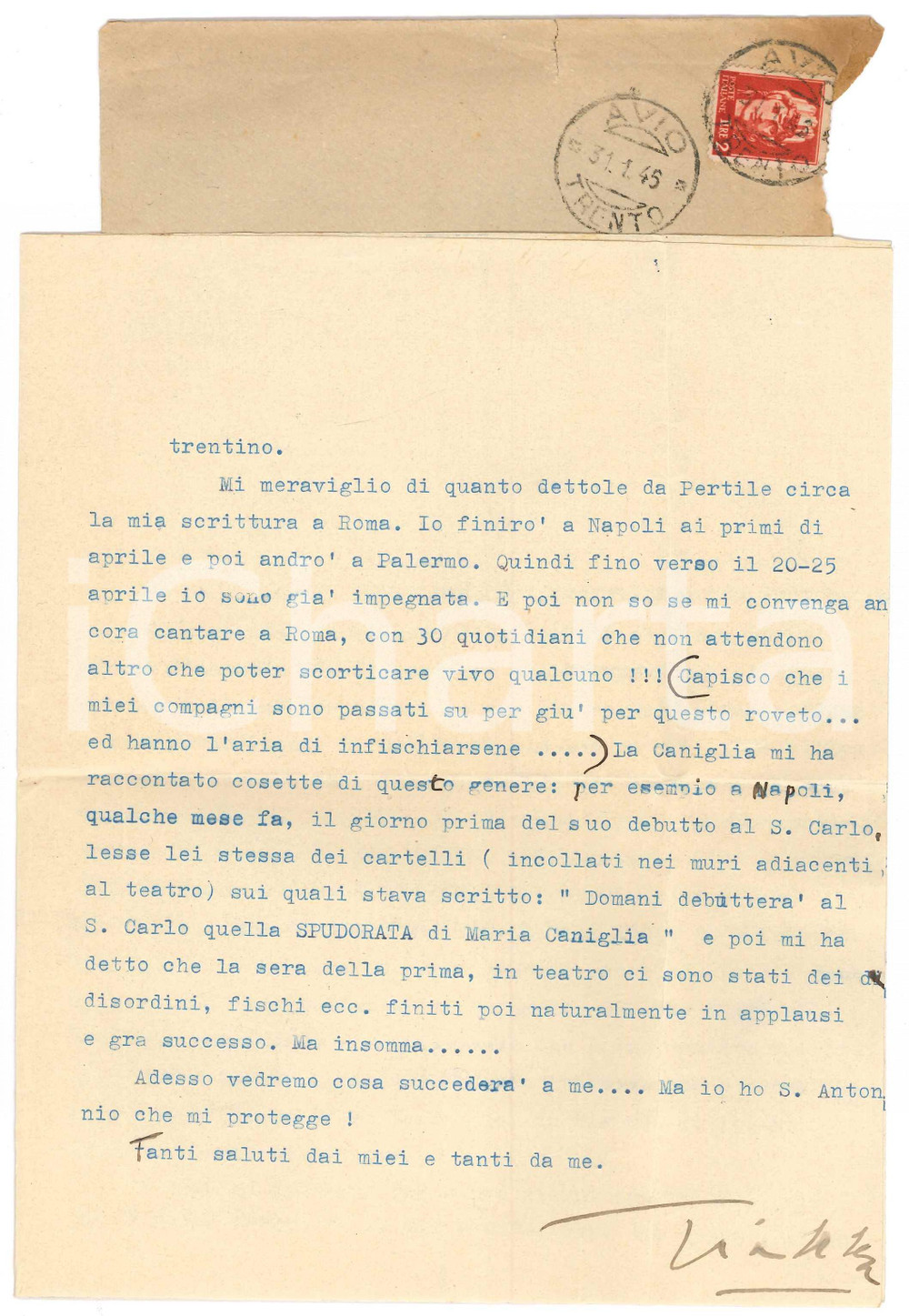 1946 AVIO Gianna PEDERZINI "A Roma i giornali vogliono scorticare" - AUTOGRAFO Lettera dattiloscritta, con firma autografa, del celebre soprano Gianna Pederzini, che racconta i propri timori per l'accoglienza della stampa a Roma e l'amicizia con la collega Maria Caniglia: "[...] E poi non so se mi convegna ancora cantare a Roma, con 30 quotidiani che non attendono altro che poter scorticare vivo qualcuno...La Caniglia mi ha raccontato cosette di questo genere [...] ".Busta viaggiata.PAGINE: 4 (2 facciate scritte)  FAIR/discreto piegature d'epoca  originale e autentica 1