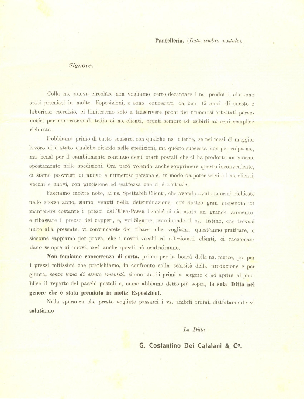 Documento originale, autentico 1907 PANTELLERIA TP Ditta Costantino DEI CATALANI prezzi uva passa e capperi 1