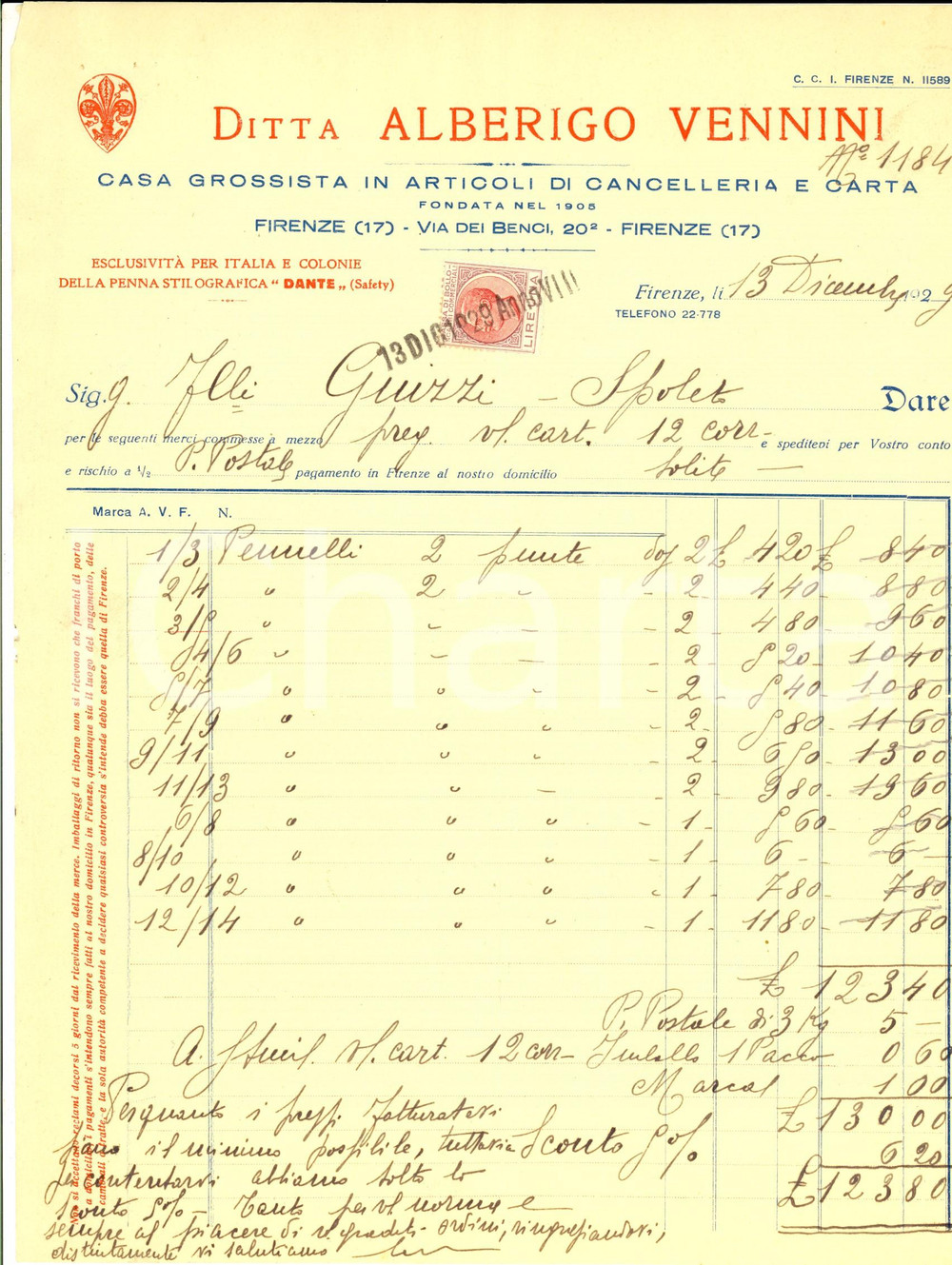Documento originale, autentico 1929 FIRENZE Ditta Alberigo VENNINI Articoli di cancelleria Fattura intestata 1