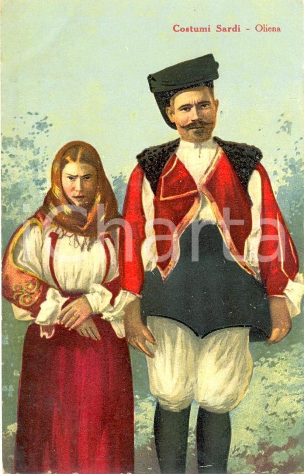 Cartolina originale da collezione Oliena anni '30, sposi in abiti tradizionali 1
