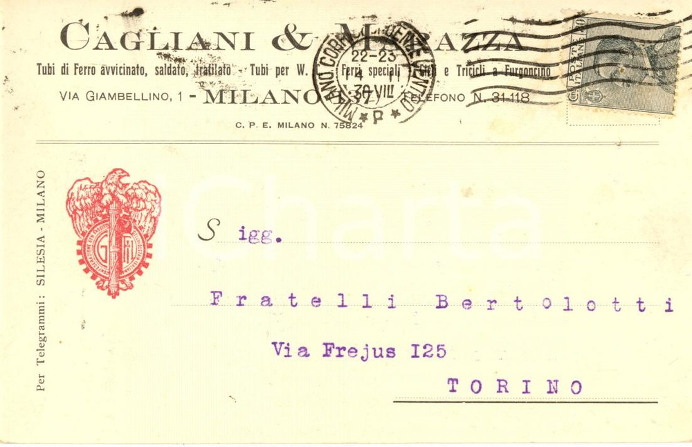 Cartolina originale da collezione 1930 MILANO Tubi ferri e cicli CAGLIANI & MARAZZA Cartolina INTESTATA FP VG 1