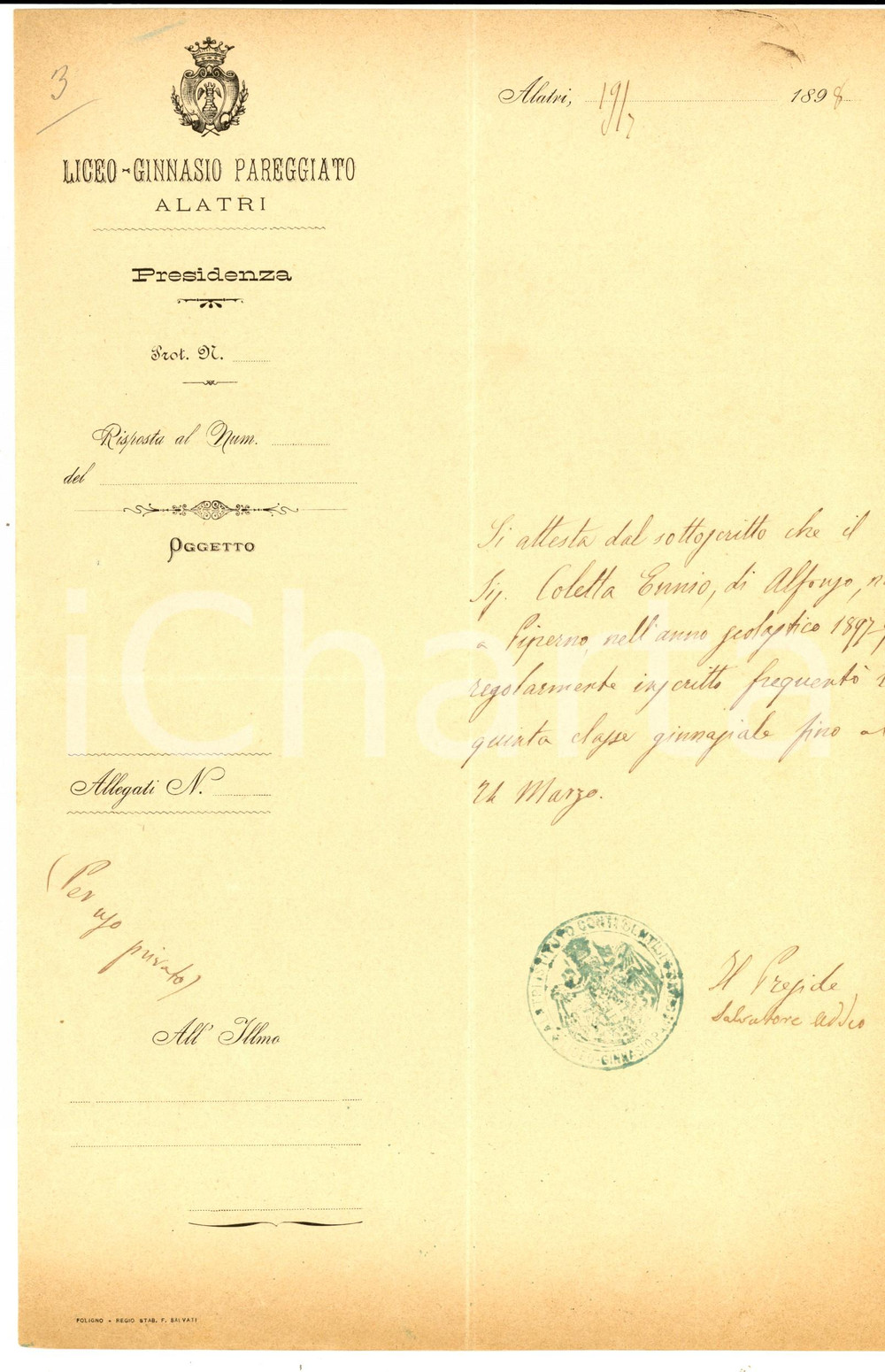 Documento originale, autentico 1898 ALATRI FR Regio Ginnasio  Attestato di frequenza per  Ennio COLETTA 1