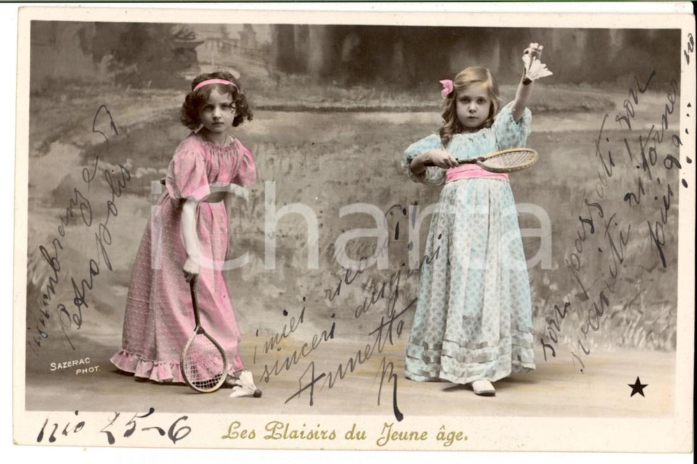 Cartolina originale da collezione 1906 FRANCE Plaisirs du jeune age - Bambine in abito da tennis *Vintage postcard 1