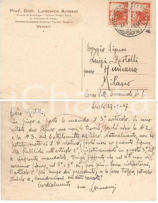 Autografo originale 1947 VERCELLI Radiologo Lodovico ARMANI a Luigi RESTELLI Autografo FP VG 1