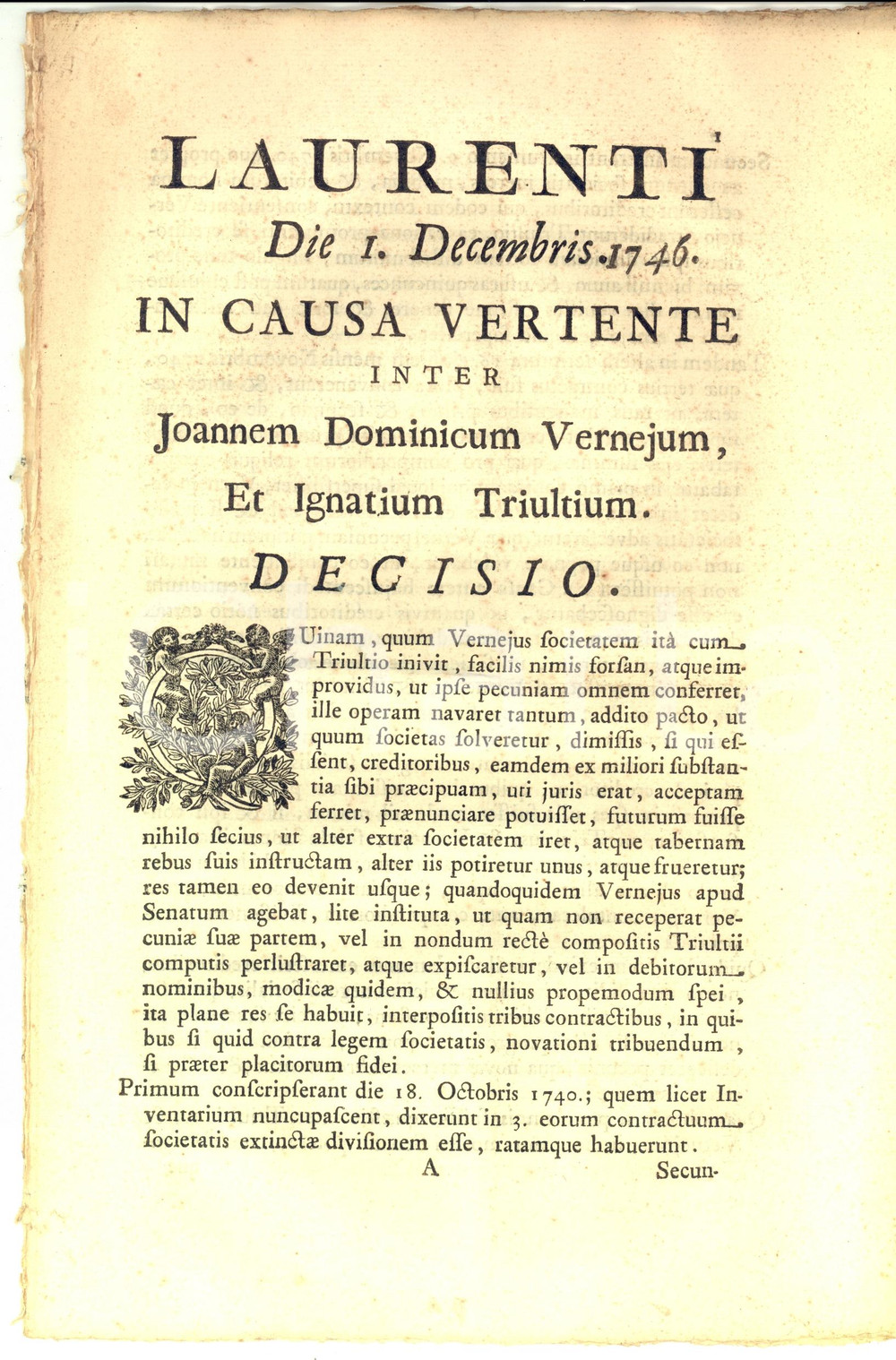 Documento originale, autentico 1746 TORINO Giovanni Domenico VERNEJO contro l ex socio Ignazio TRIVULZIO 1