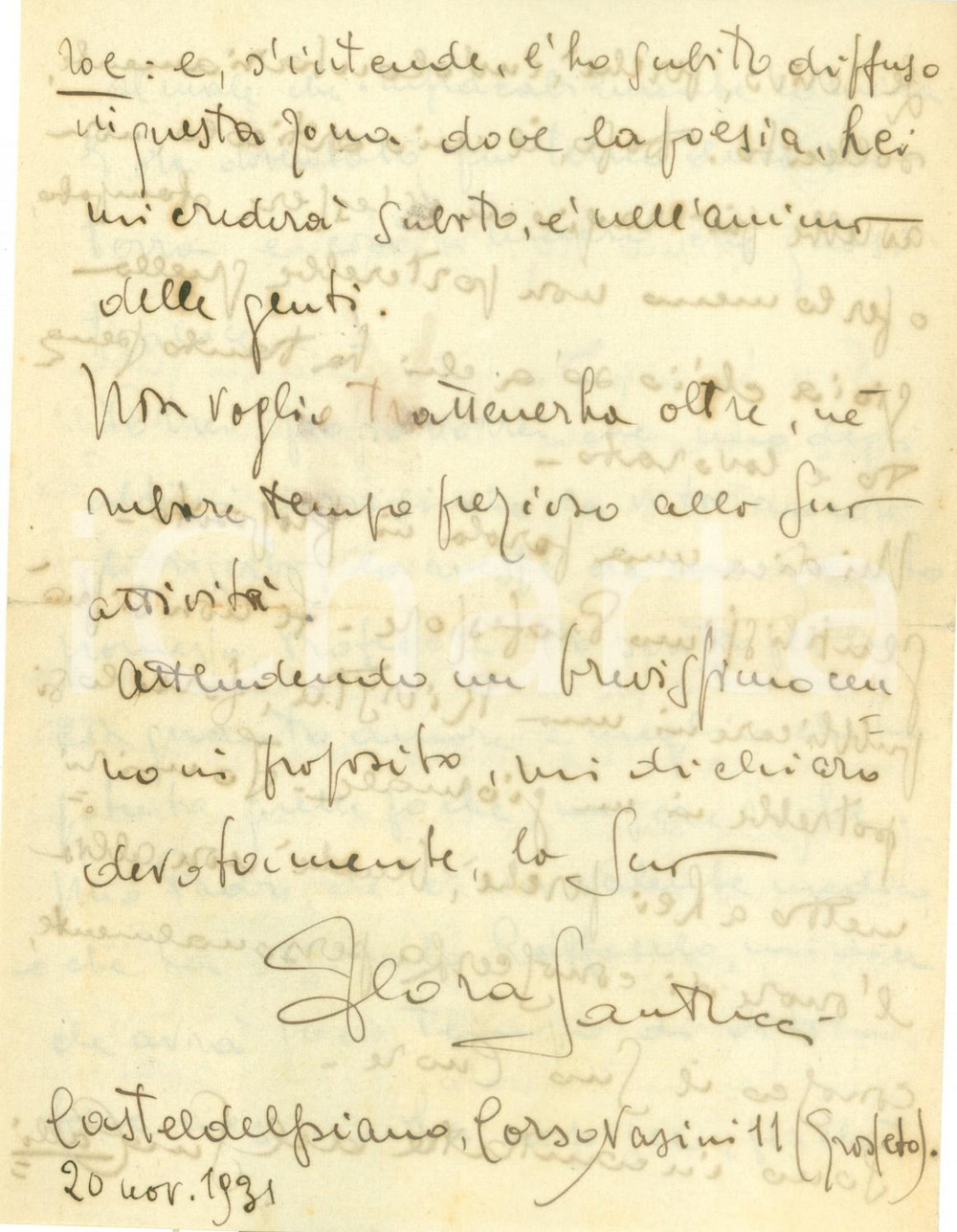 Autografo originale 1931 CASTEL DEL PIANO GR Flora SANTUCCI ultimo dono a Raffaello DOMENICHINI 1