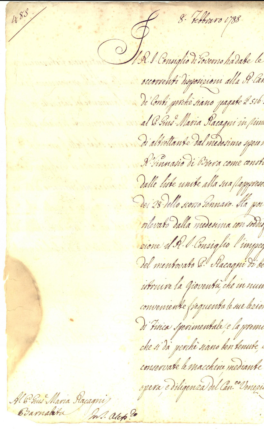 Documento originale, autentico 1788 MILANO Regio Ginnasio BRERA Rimborso per lezioni Giuseppe Maria RACCAGNI 1