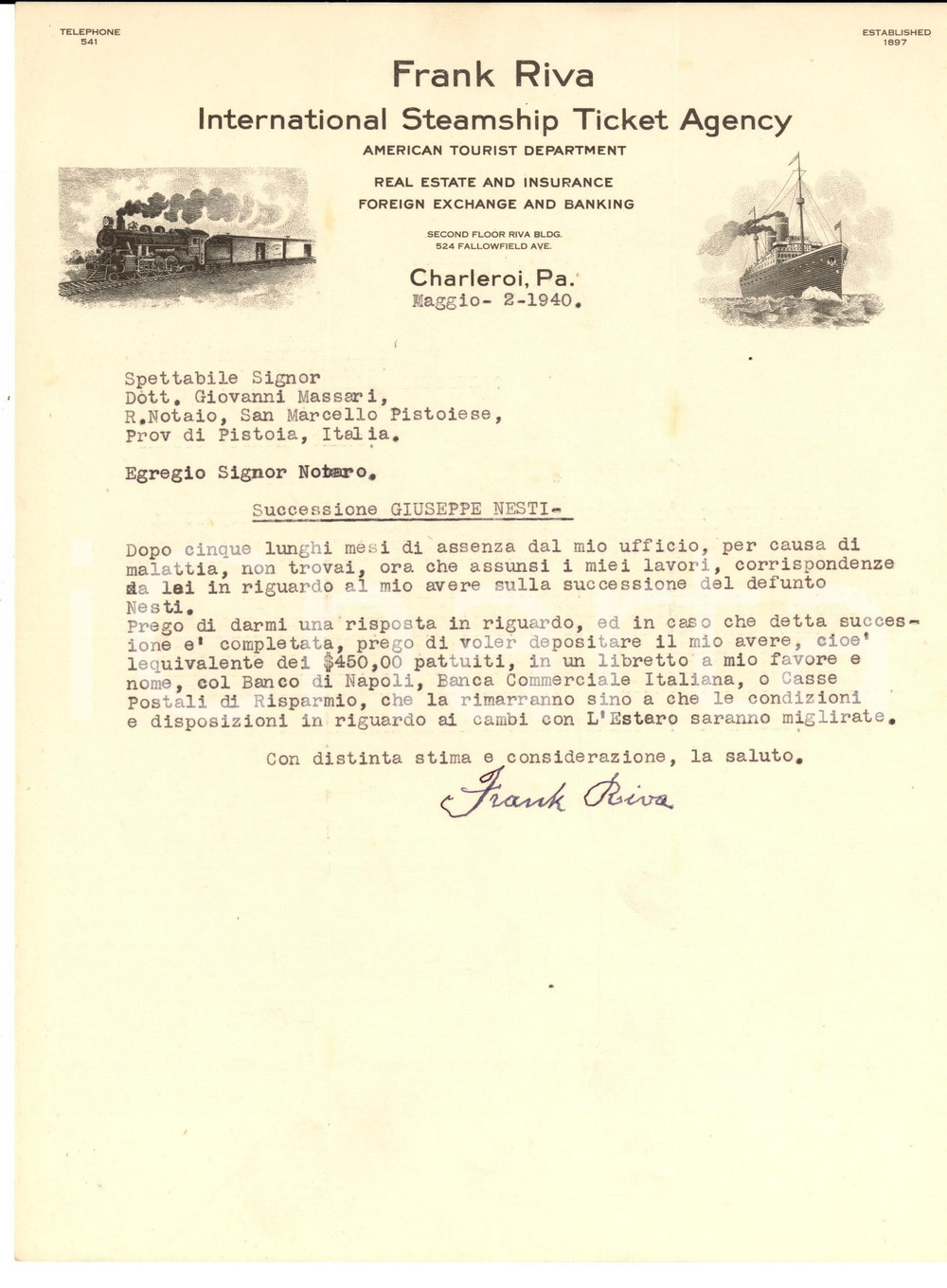 Manoscritto, lettera originale 1940 CHARLEROI Lettera Frank RIVA per riscossione legato di Giuseppe NESTI 1