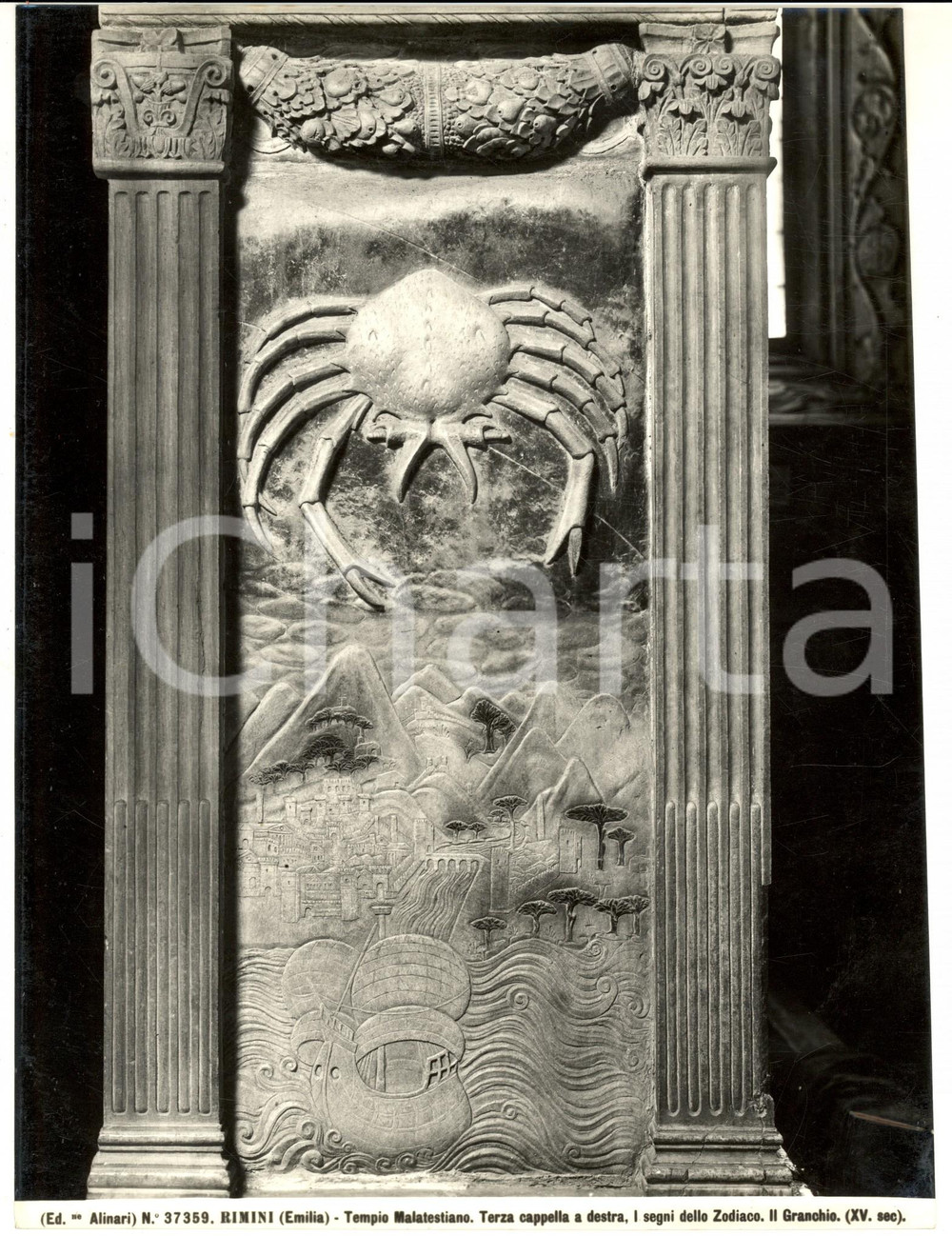 Fotografia d epoca originale 1930 ca RIMINI Tempio MALATESTIANO Segni dello Zodiaco  Granchio Foto ALINARI 1