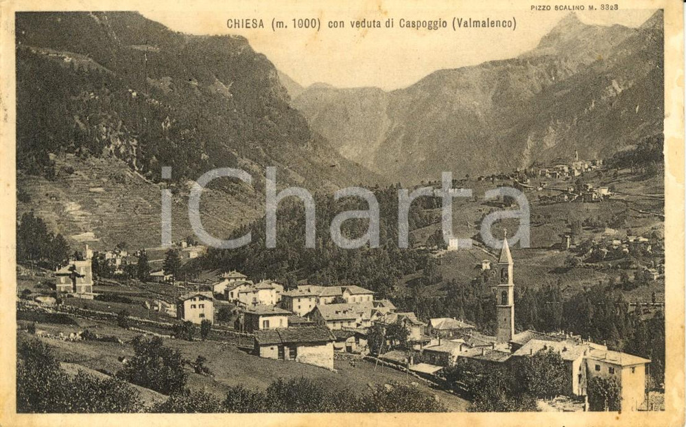 Cartolina originale da collezione 1935 CHIESA IN VALMALENCO (SO) Veduta paese con CASPOGGIO e Pizzo SCALINO *FP VG 1